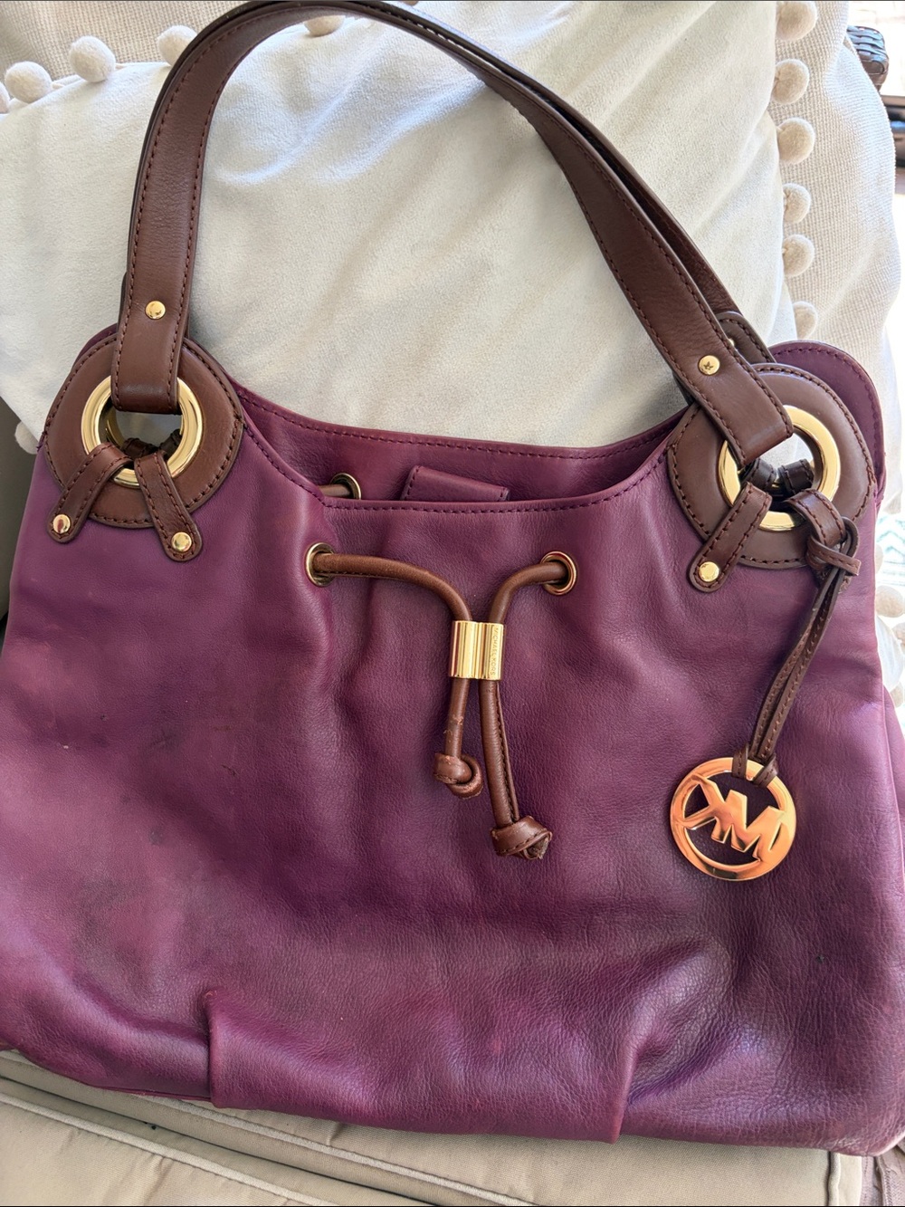 Michael Kors Plum Leather Shoulder Bag with Brown Straps and Gold Hardware